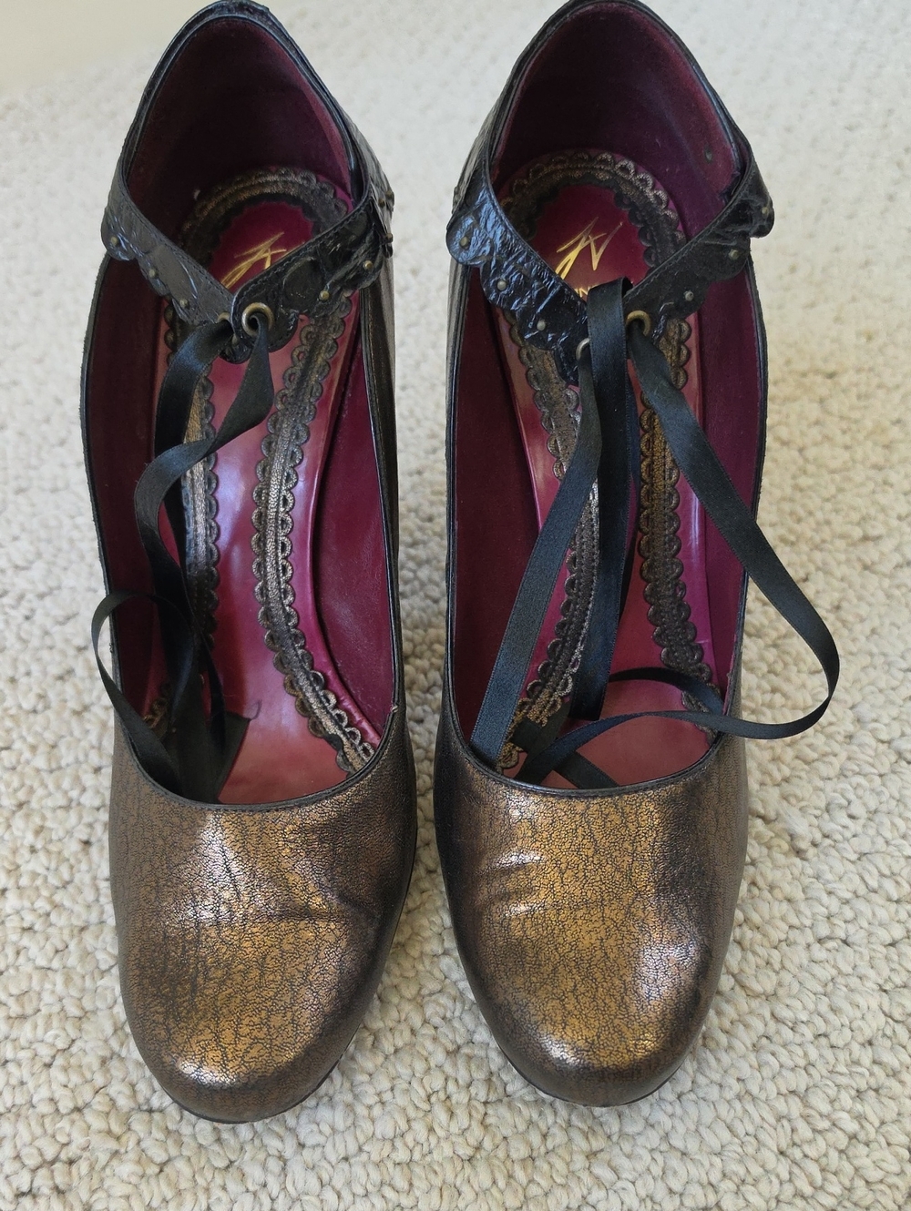 Vince Camuto Bronze Metallic Lace-Up Heels with Black Ribbon